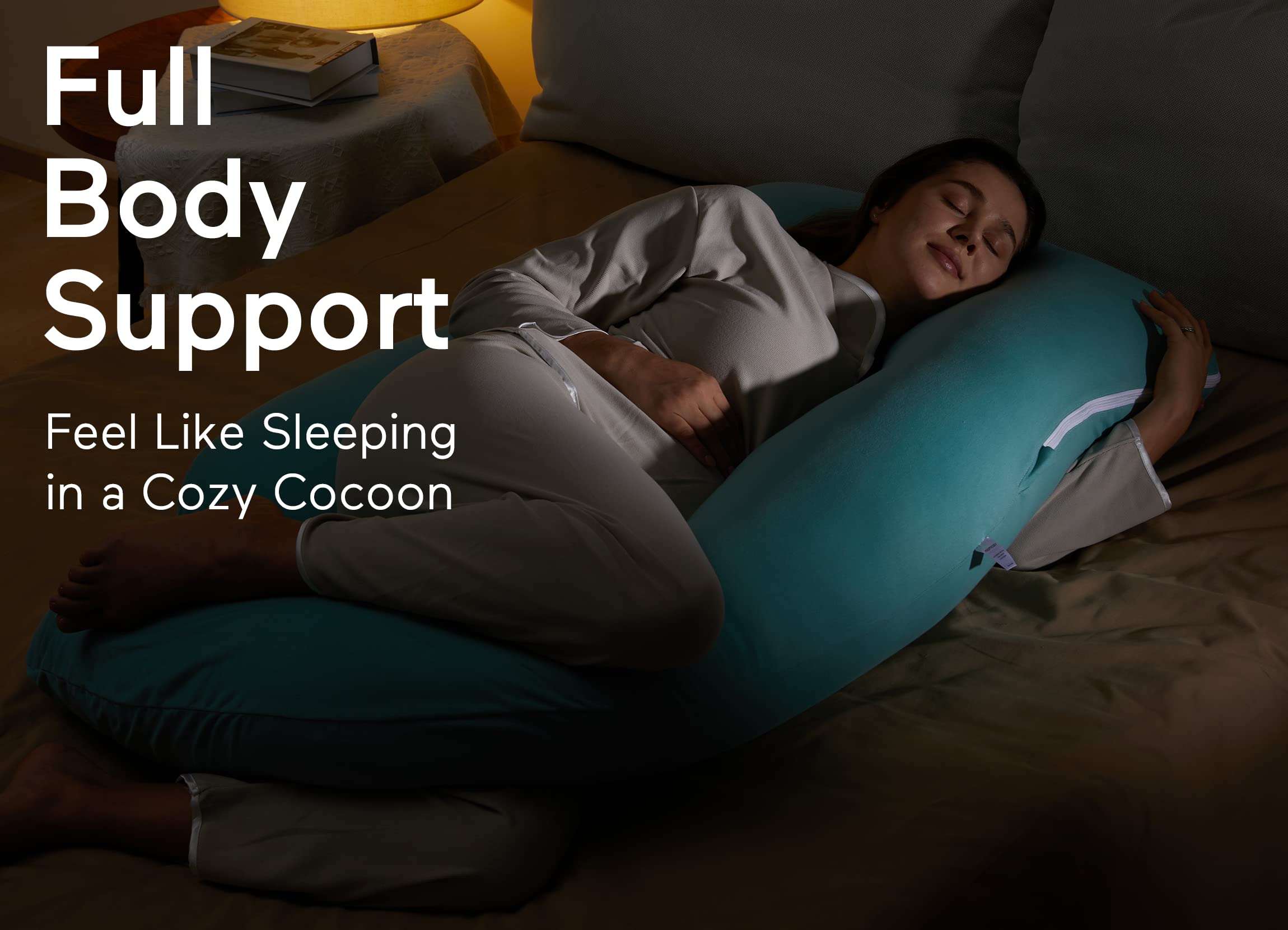 Momcozy pregnancy pillow removable cotton cover close-up highlights breathable fabric