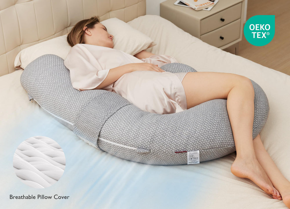 Momcozy pillow F-shape snuggle-friendly layout keeps space cozy