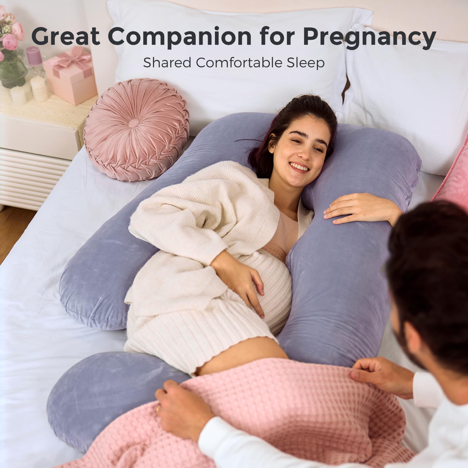 Momcozy pillow for nursing reads in bed demonstrates multi-position versatility.