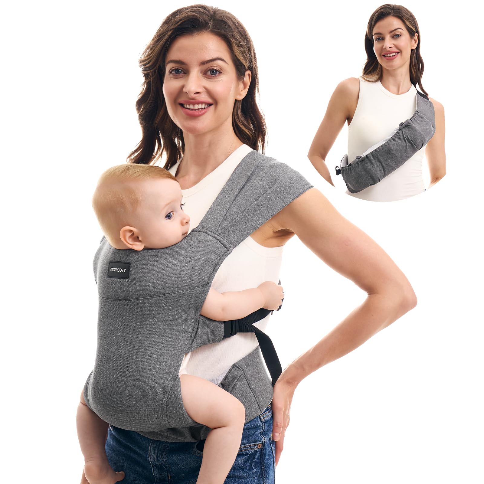 Momcozy portable baby carrier folded into a compact hip pouch for travel convenience.