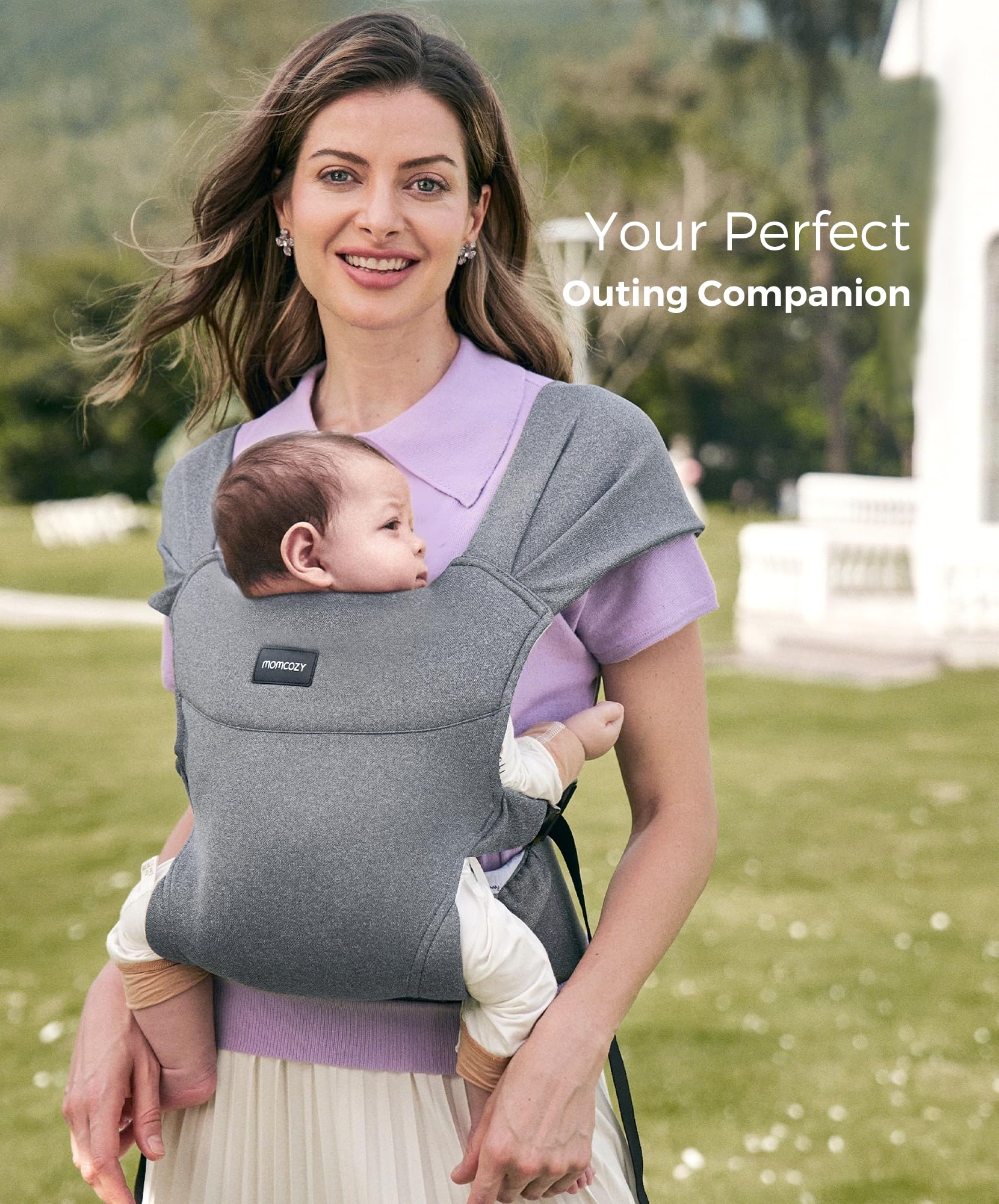 Momcozy grey carrier detail highlights versatile, easy-to-clean everyday use.