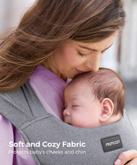 Momcozy carrier in grey shows compact storage-ready crossbody form for errands.