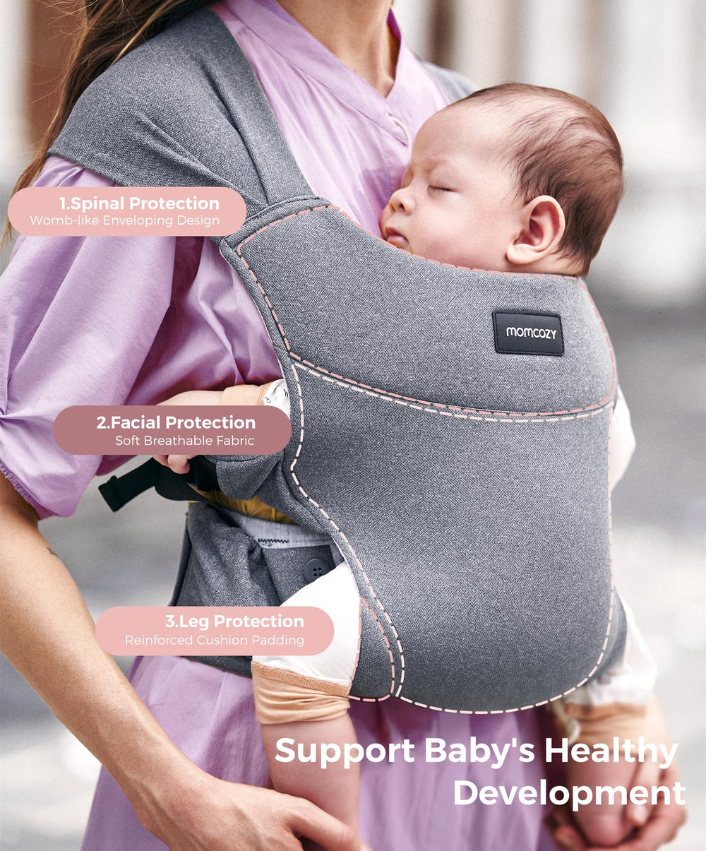 Momcozy worn by baby demonstrates secure support during adventures and outings.