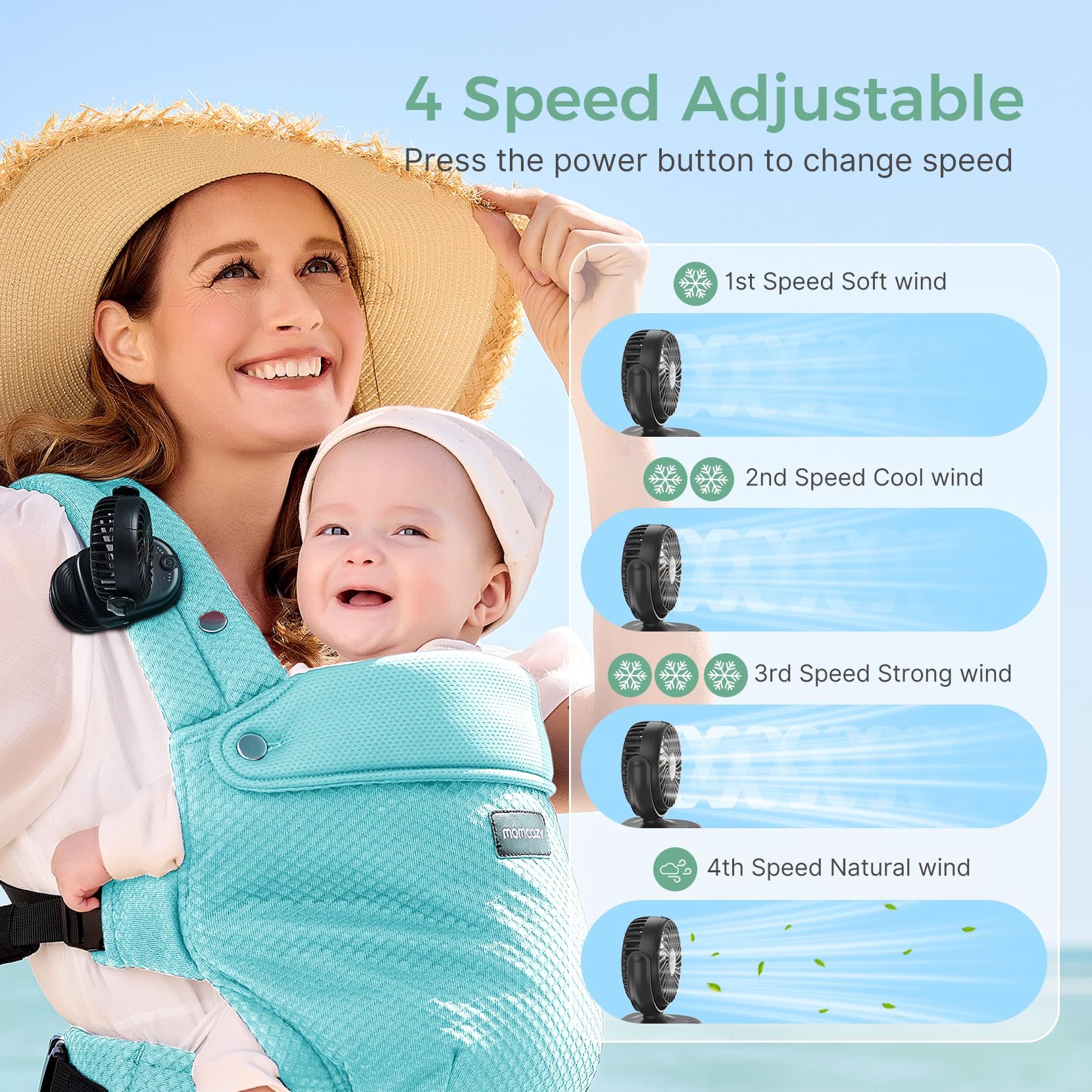 Momcozy portable clip fan clipped to a diaper bag for easy travel cooling.