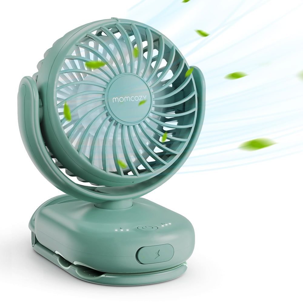 Momcozy portable fan clip on diaper backpack shows hands-free cooling on the go.