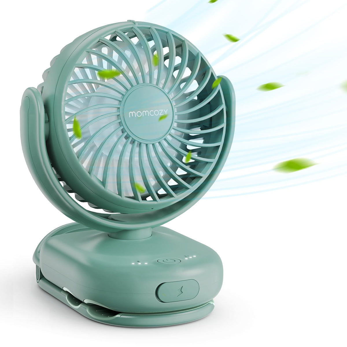 Momcozy portable fan clip on diaper backpack shows hands-free cooling on the go.