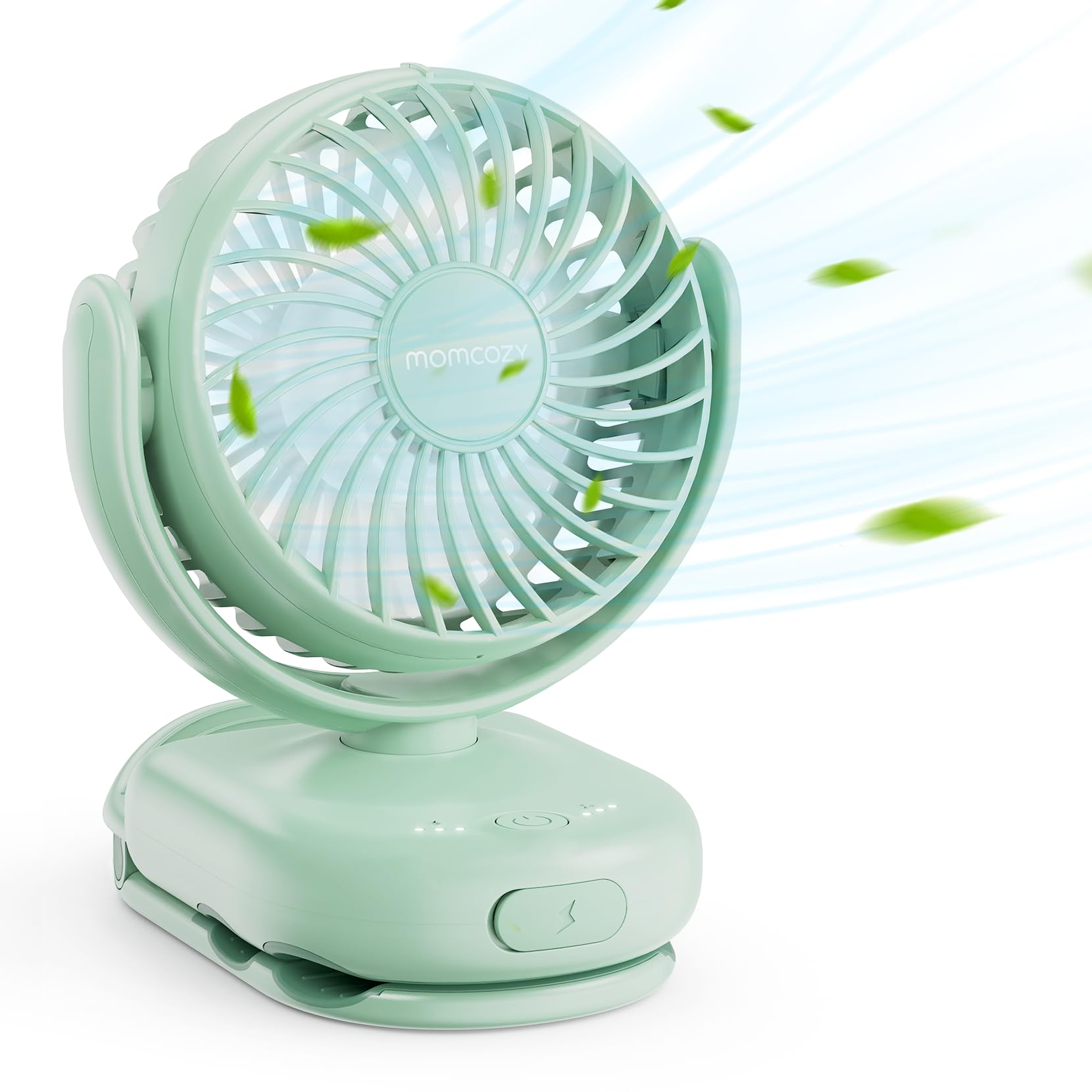 Momcozy portable clip fan on a stroller delivering on-the-go cooling