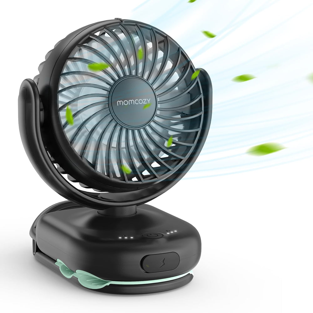 Momcozy portable clip fan attached to stroller canopy for on-the-go cooling.
