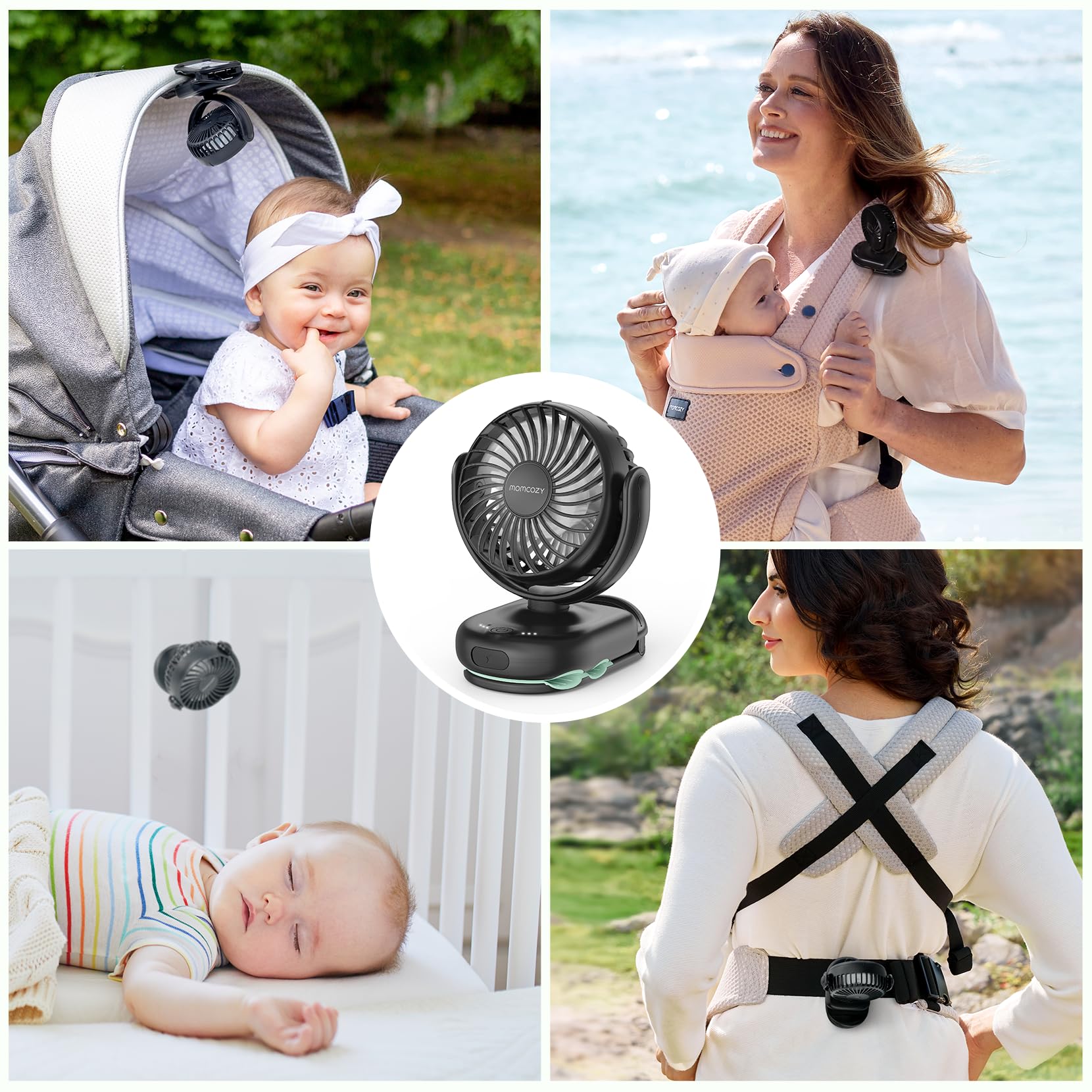 Momcozy portable fan with 315° horizontal and 300° vertical pivots for precise direction.