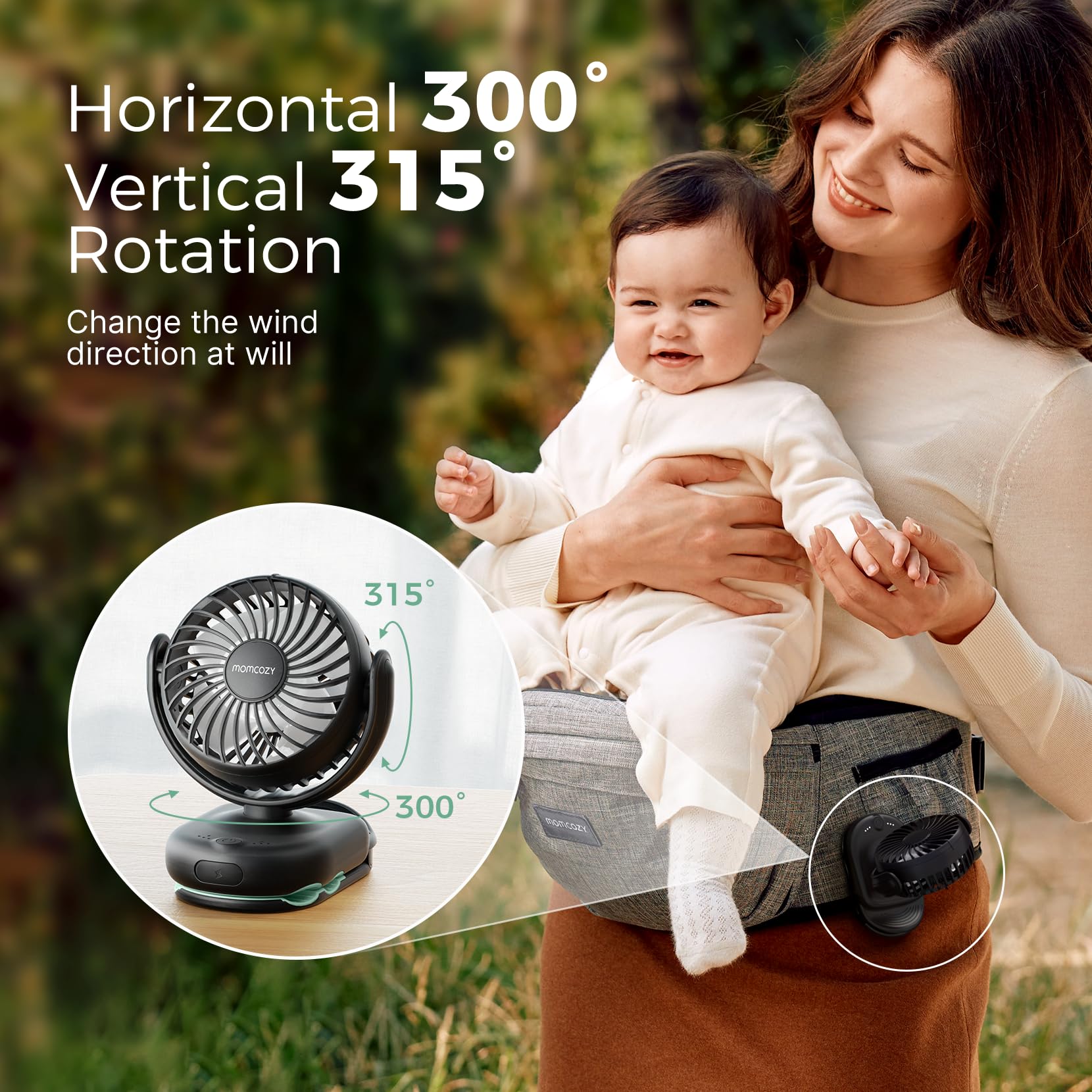 Momcozy ultra-light-weight fan at 0.26 lb fits in many bags.
