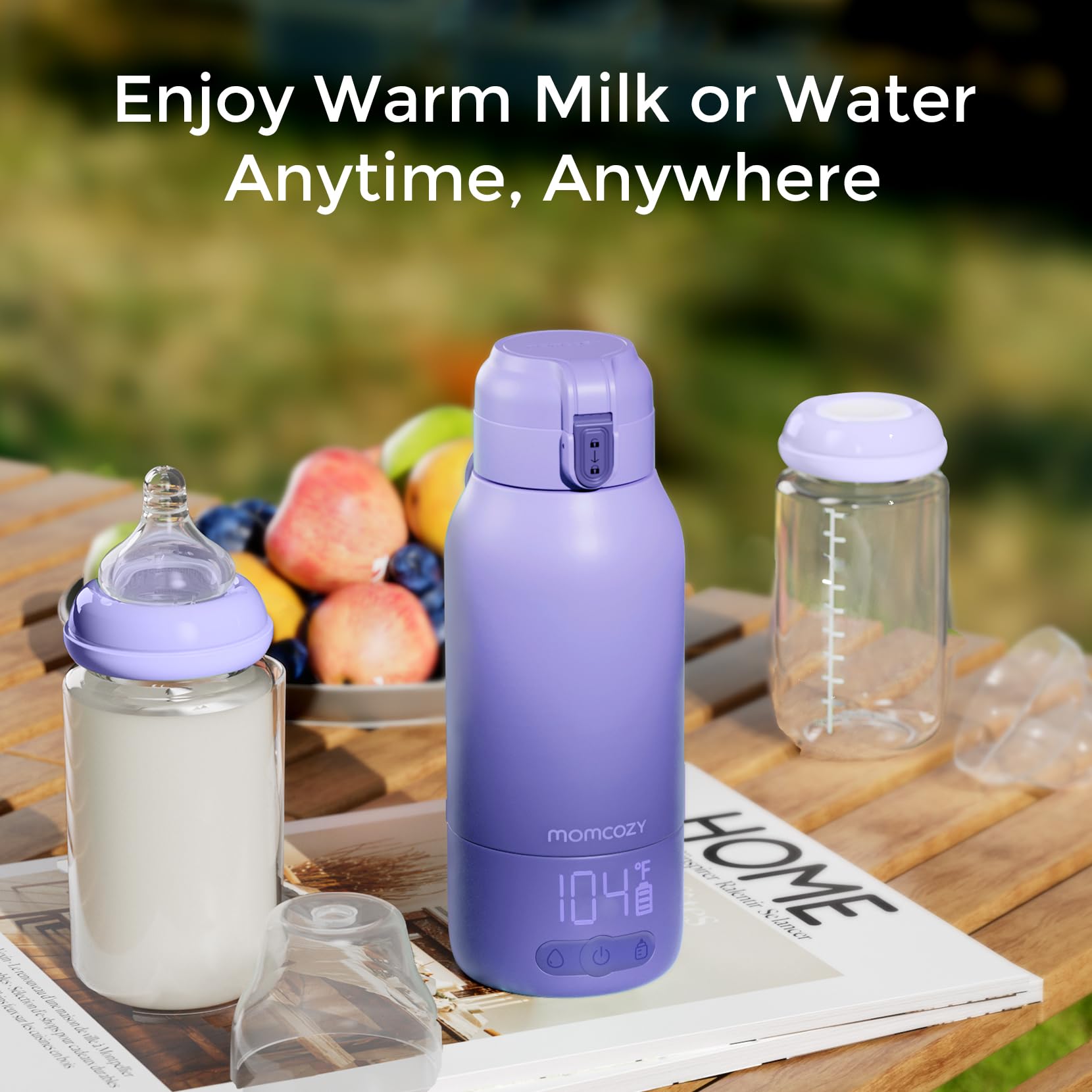 Momcozy portable milk warmer dual-modes-control-panel close-up shows precise temperature options for bottles.