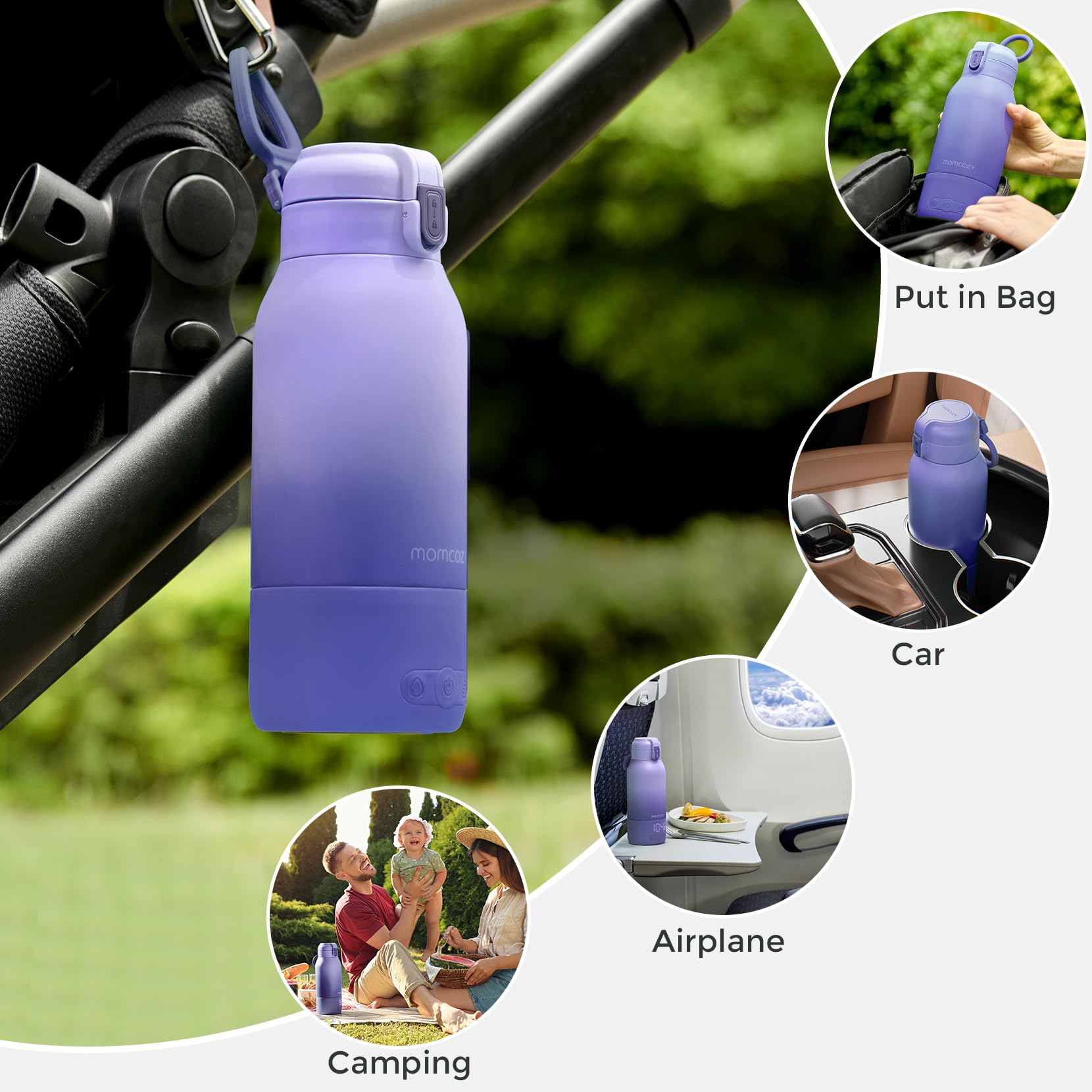 Momcozy fast-charging-1-5h icon indicates long-lasting power for outings.