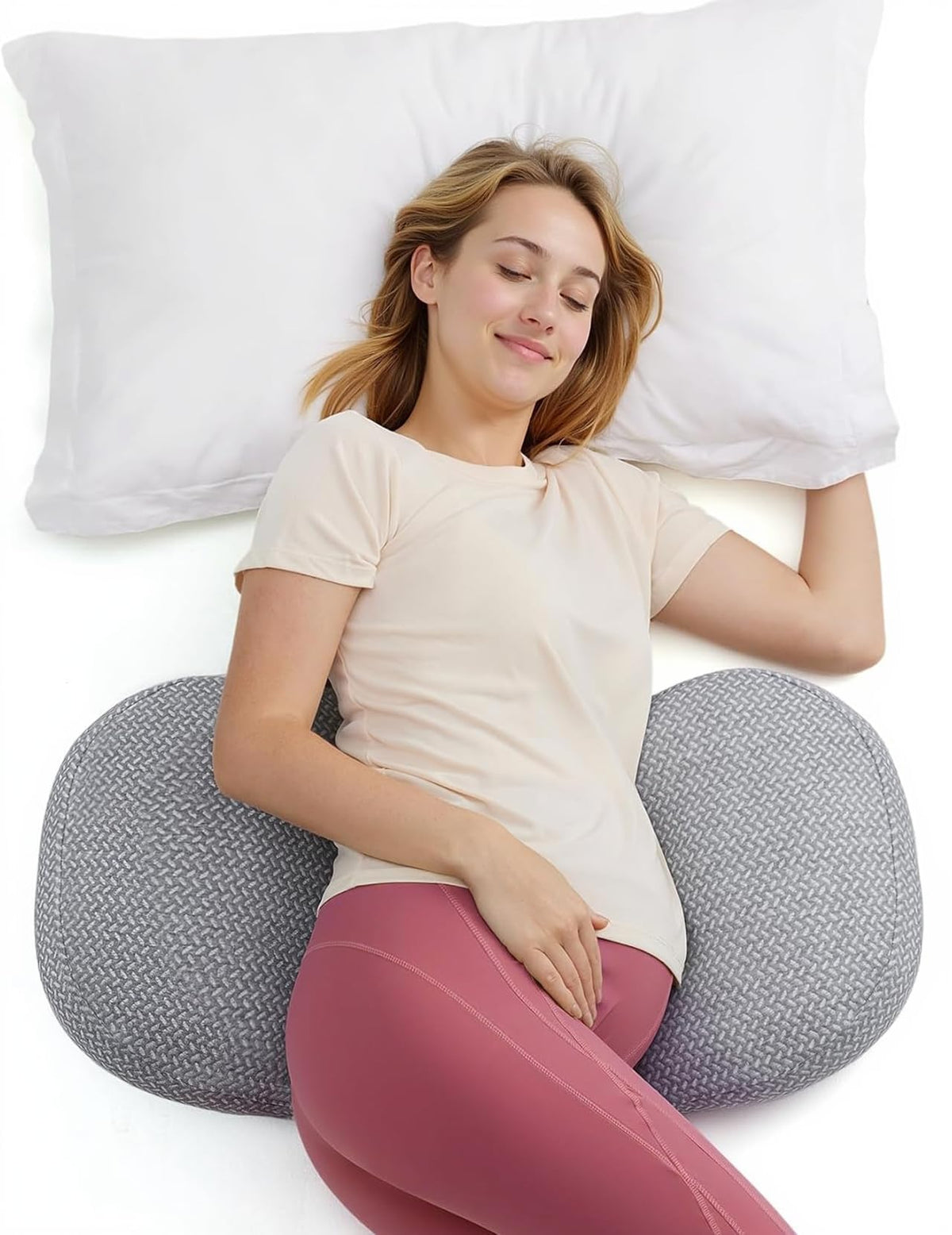 Momcozy portable pregnancy pillow W-shape front view offers full-body side-sleep support during pregnancy