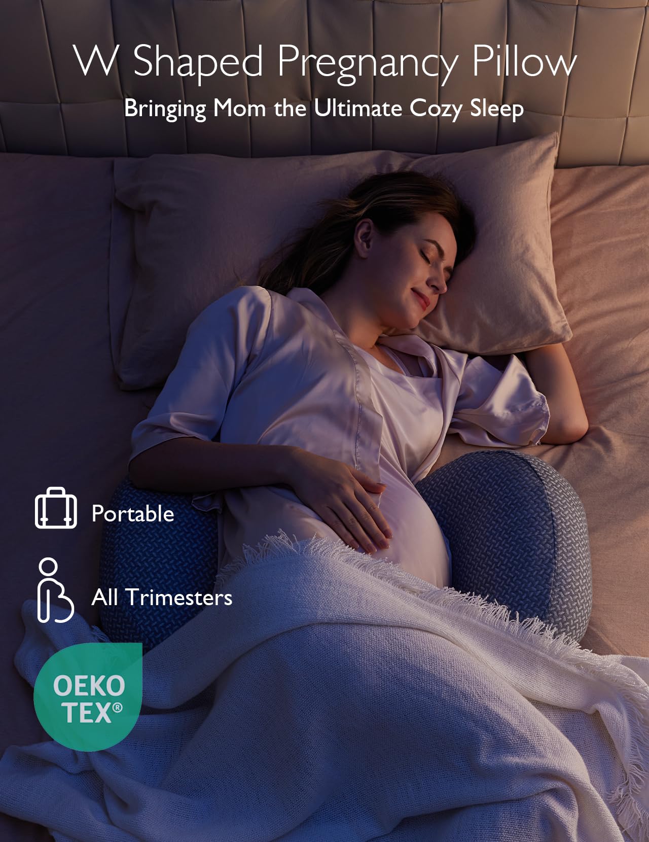Momcozy W-shape side-sleep comfort in travel scene reduces tossing for better rest