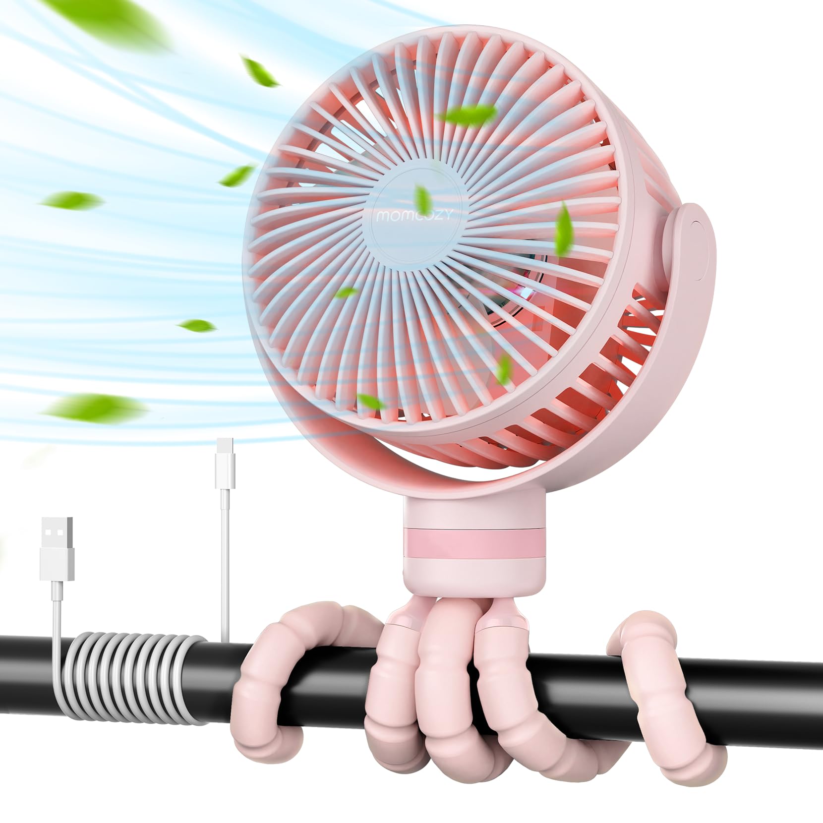 Momcozy portable stroller fan battery shows 8000mAh capacity for long-lasting cooling.
