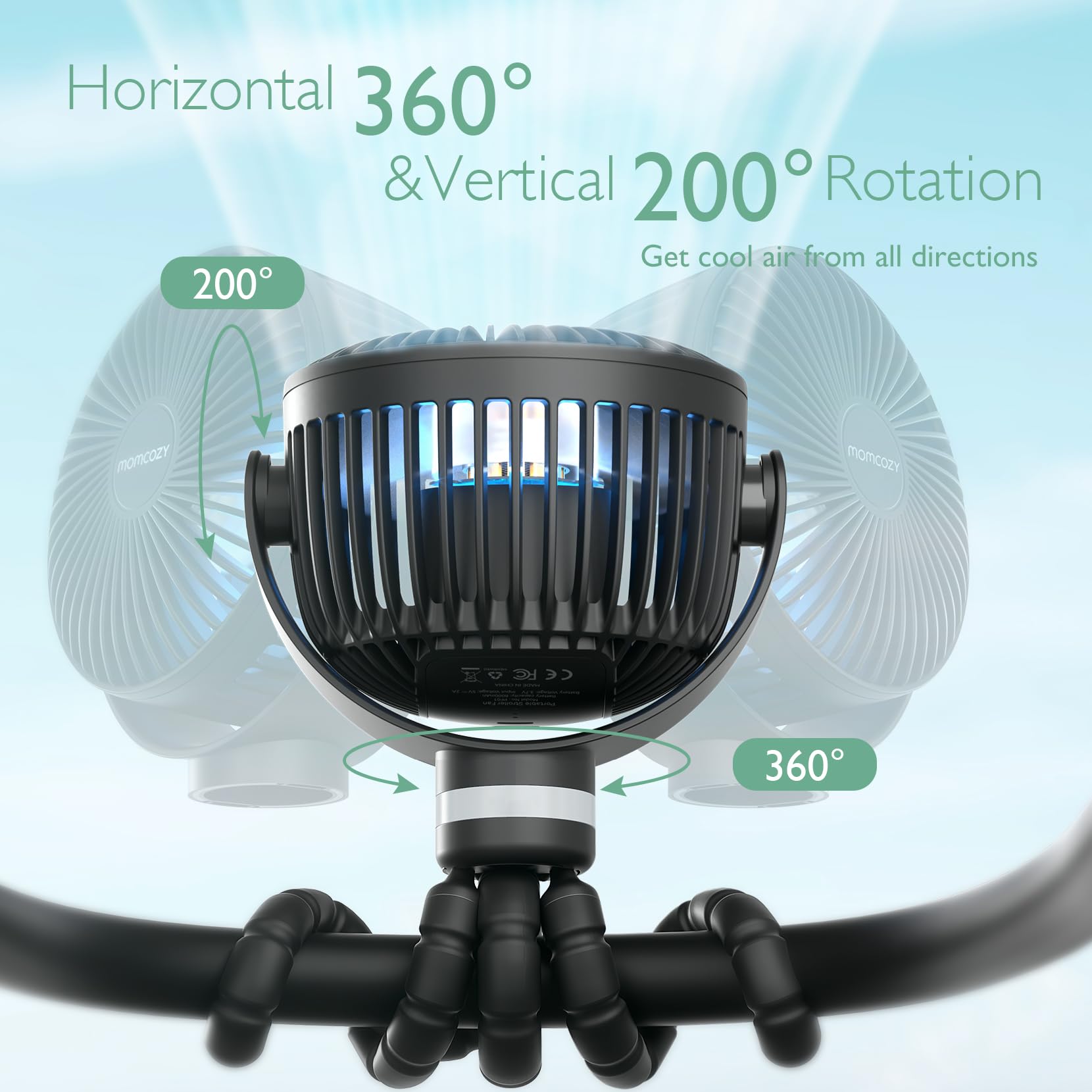 Momcozy stroller fan clip-attachment securely secures on strollers or cribs.