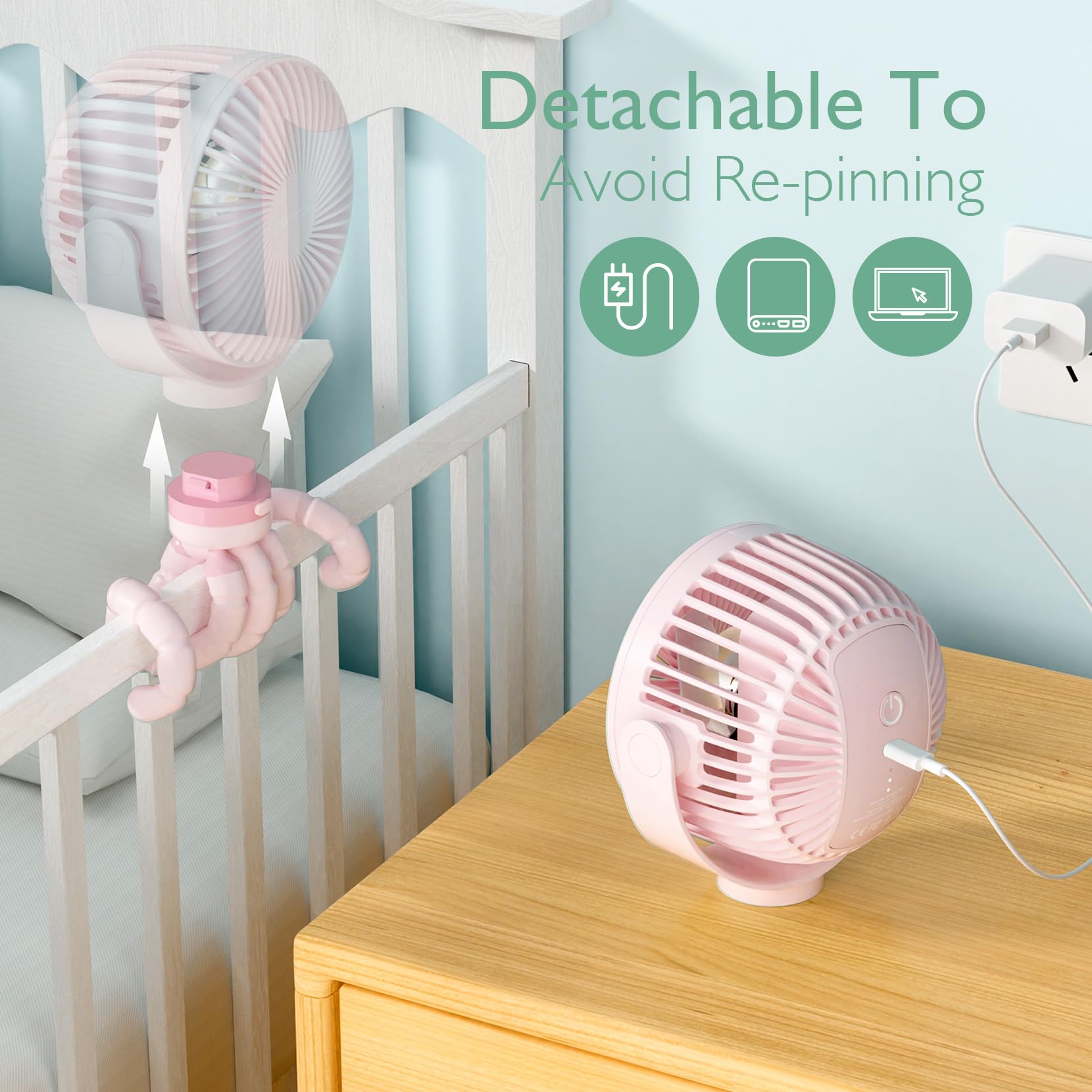 Momcozy portable stroller fan detachable head enables easy charging and cleaning on the go.