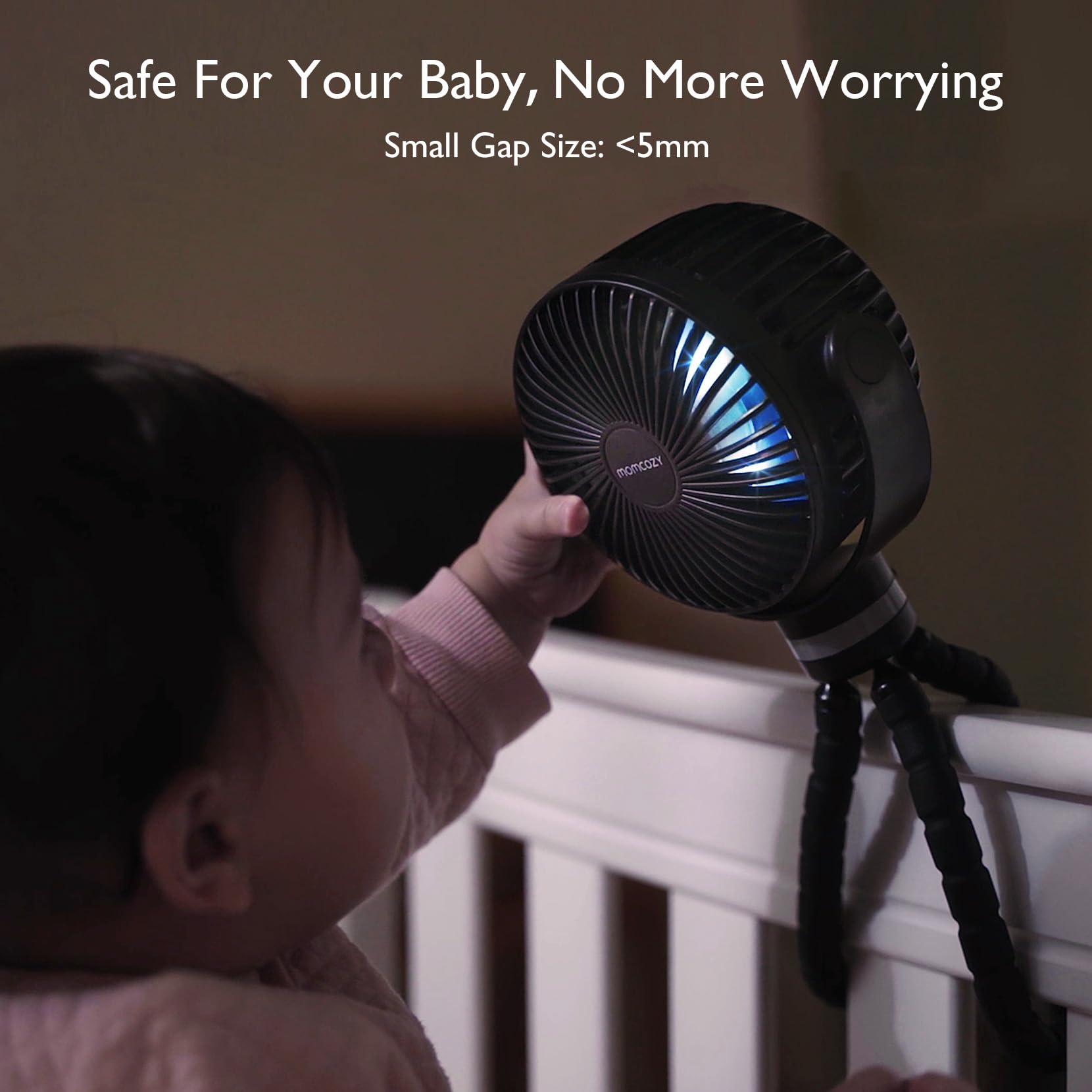 Momcozy stroller fan LED night light provides gentle illumination for night checks.