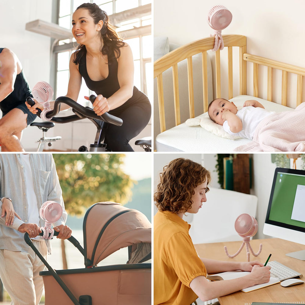 Momcozy portable stroller fan travel-use shows a compact, travel-friendly cooling companion.
