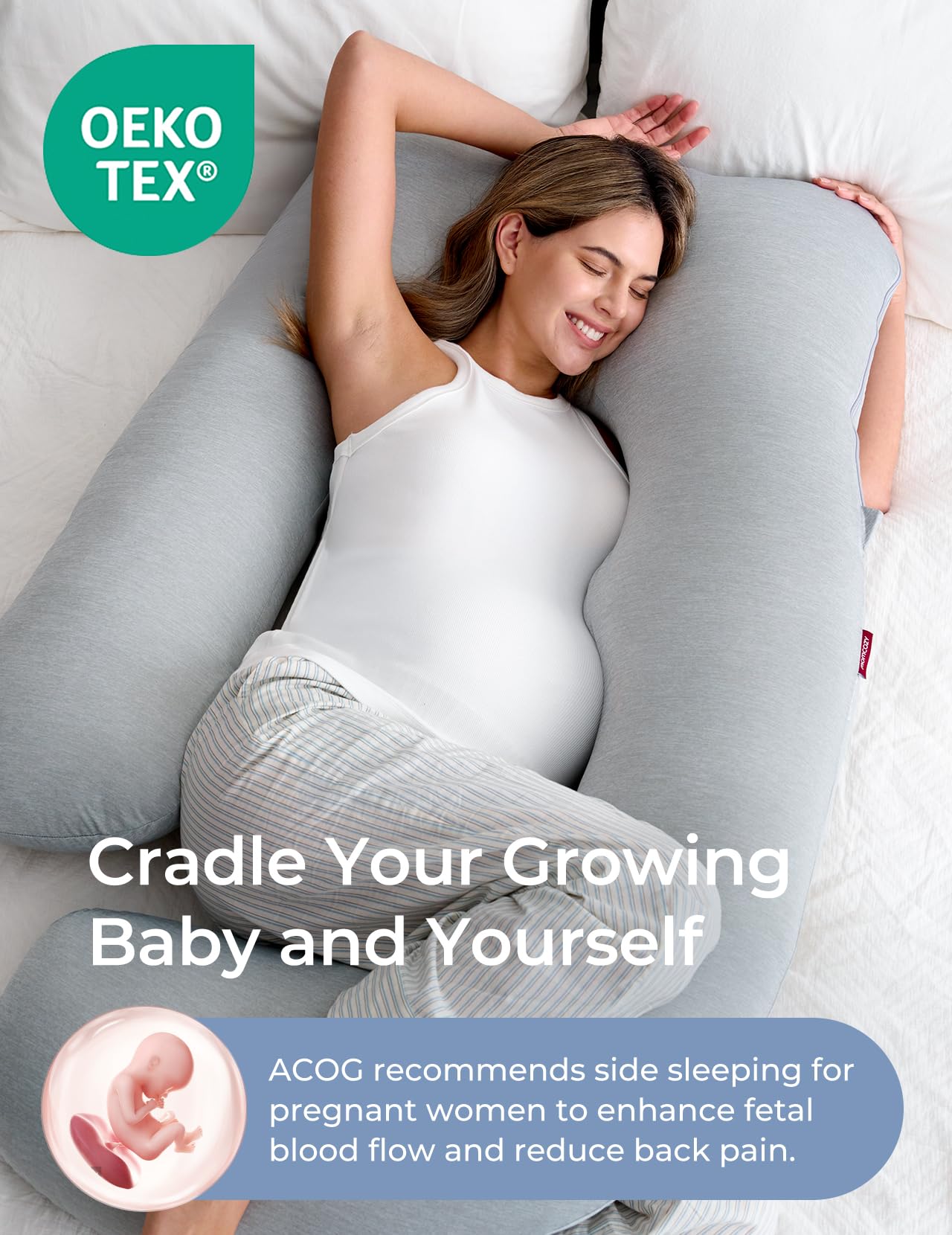Momcozy pillow supports back, belly, and hips for pregnancy comfort