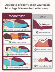 Momcozy pillow demonstrates belly support and comfort while lying down.