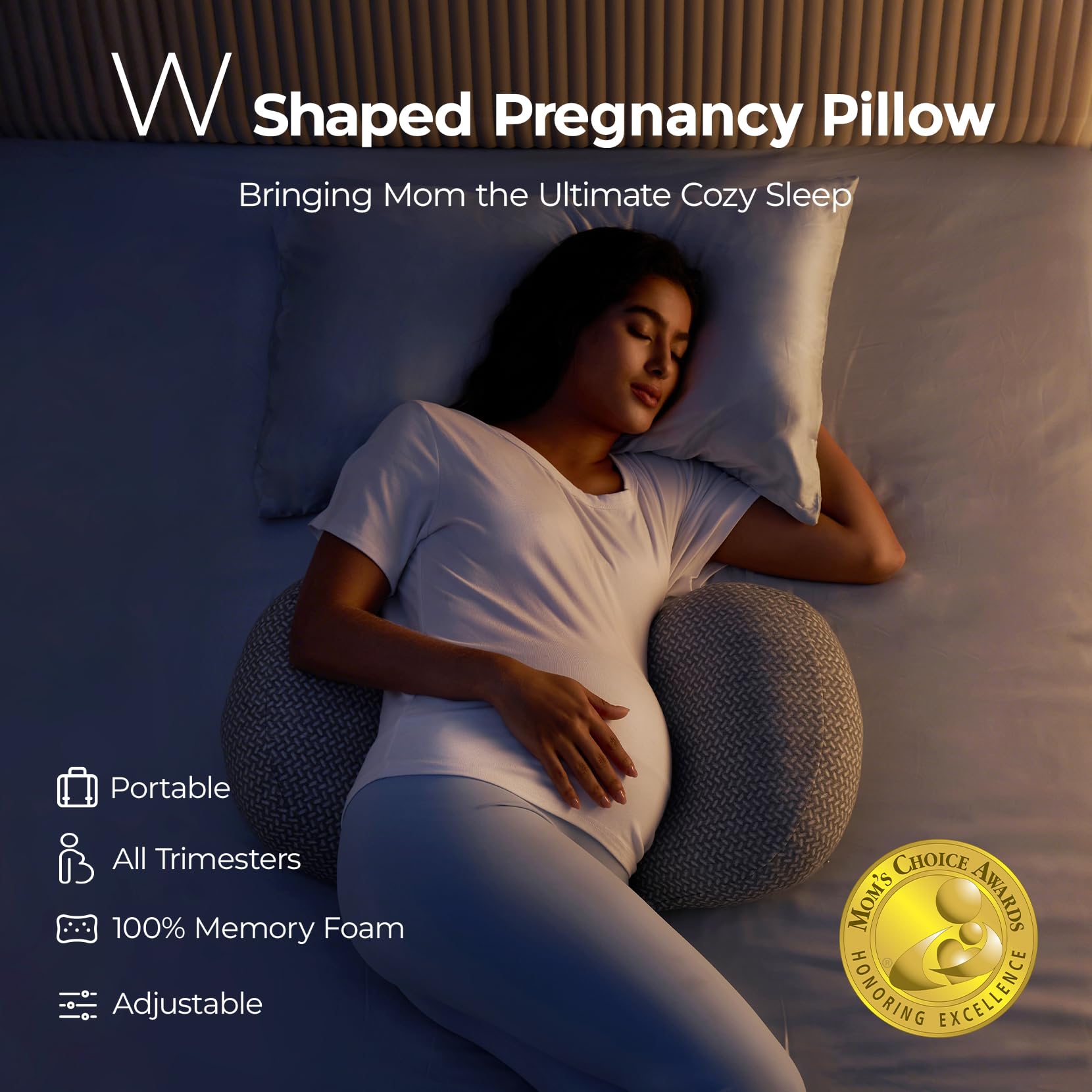 Adjustable belly wedge on Momcozy pillow adapts to trimester needs