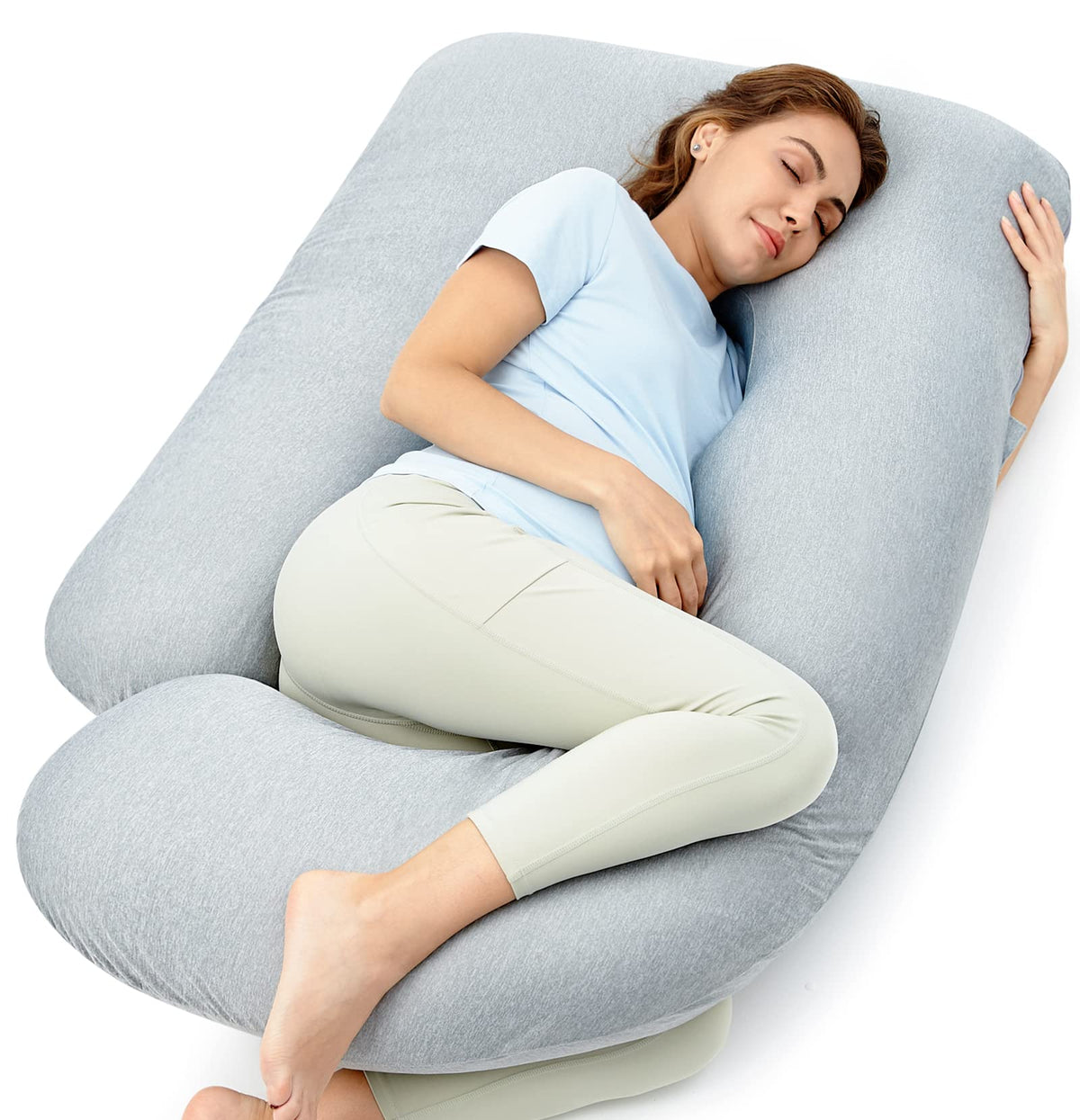 Momcozy pregnancy pillow cooling cover closeup showing cooling fabric benefits