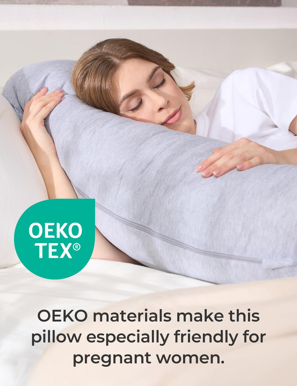 Momcozy pillow demonstrates neck and back relief with ergonomic design.