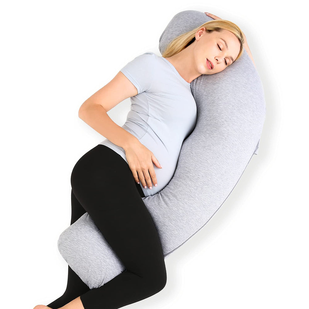 Momcozy J-shaped pregnancy pillow front view offers full-body comfort.