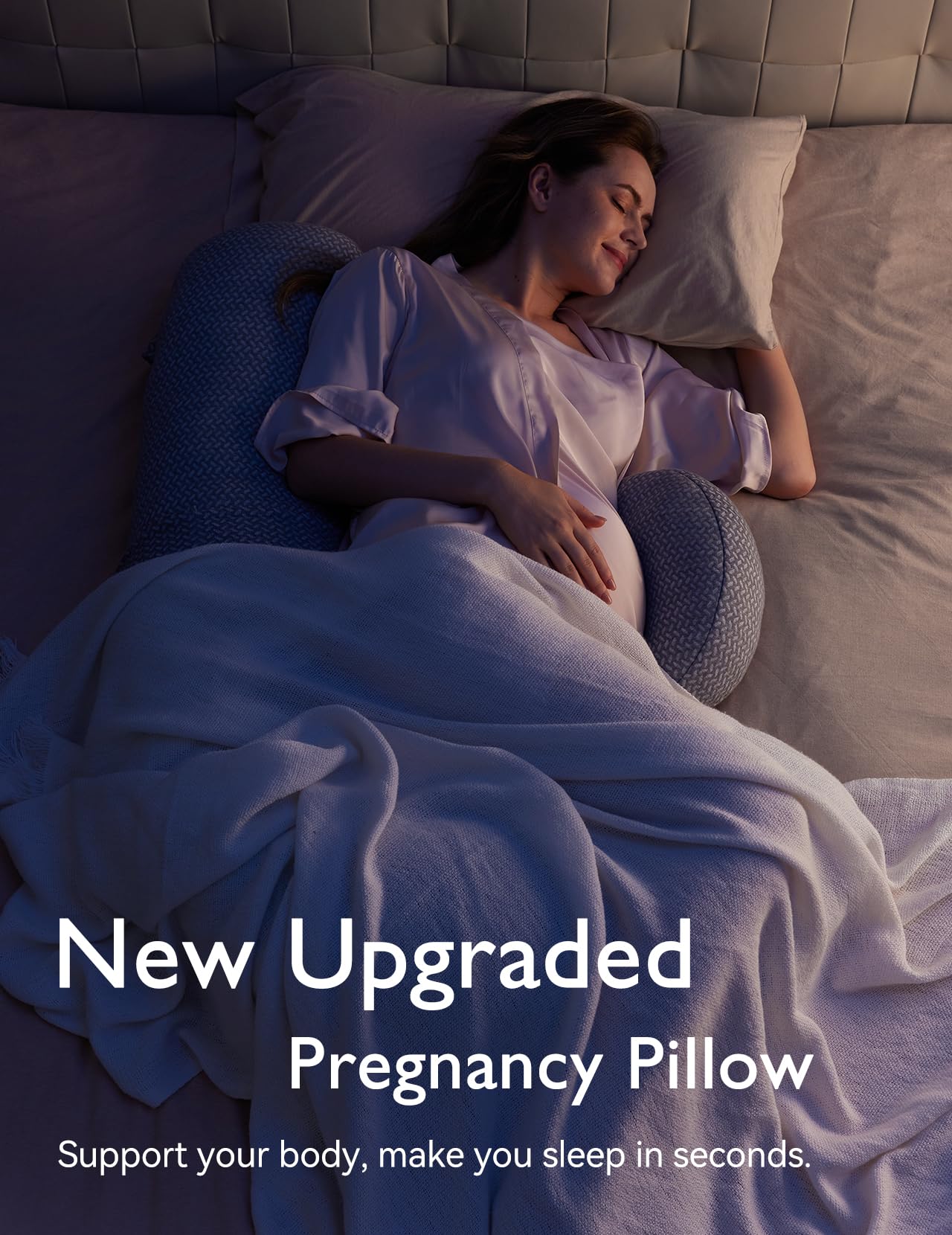 Momcozy pregnancy pillow original F-shape side view shows full-body comfort and alignment