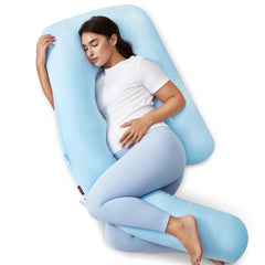 Momcozy pregnancy pillow U Pro with cooling cover providing full-body support for comfortable sleep