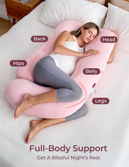 Momcozy pregnancy pillow belly comfort angle shows belly support during rest