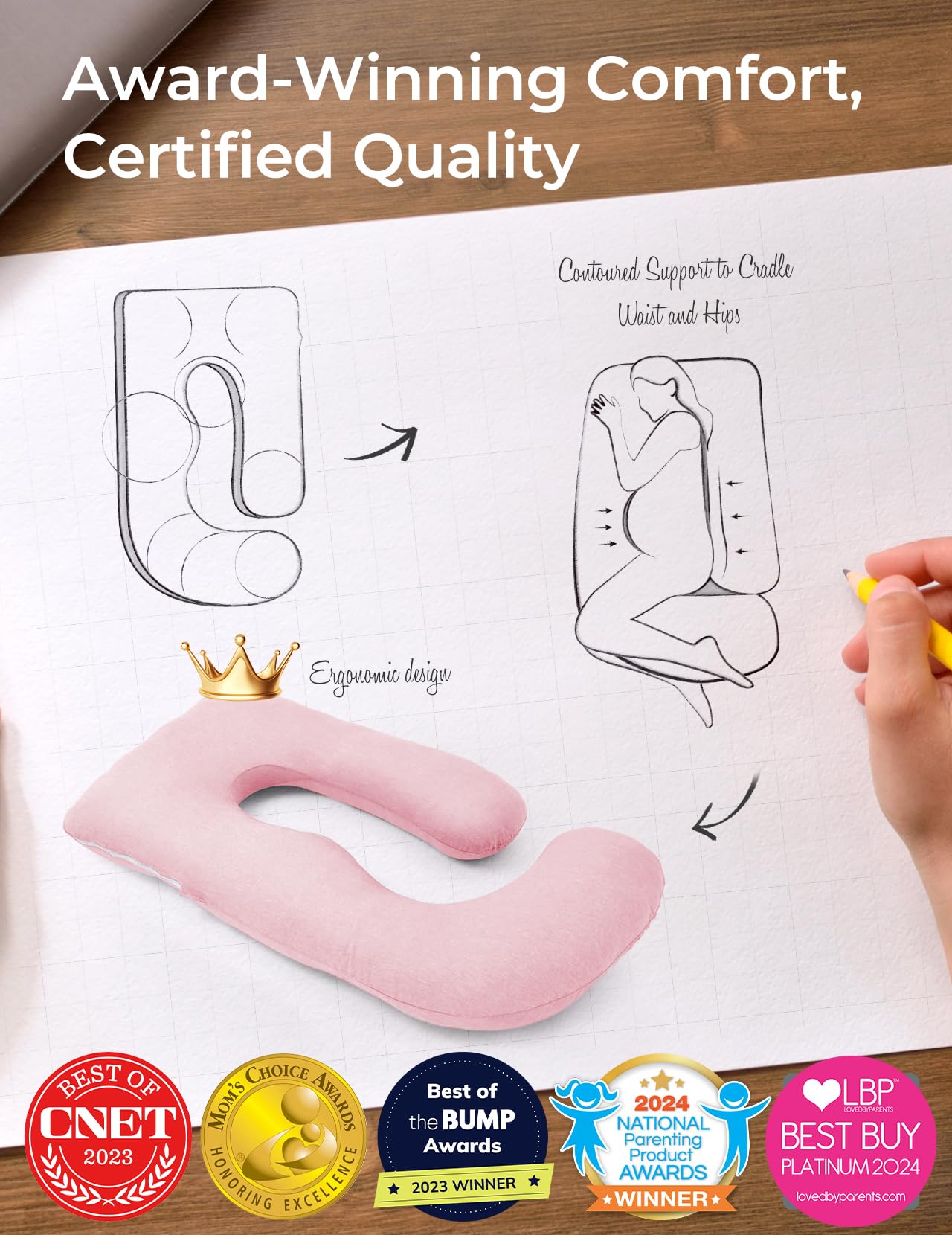 Momcozy pregnancy pillow knee-hip support perspective shows leg and hip alignment