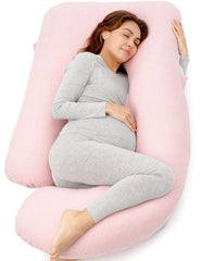 Momcozy pregnancy pillow U-shape front view supports head to hips for restful sleep