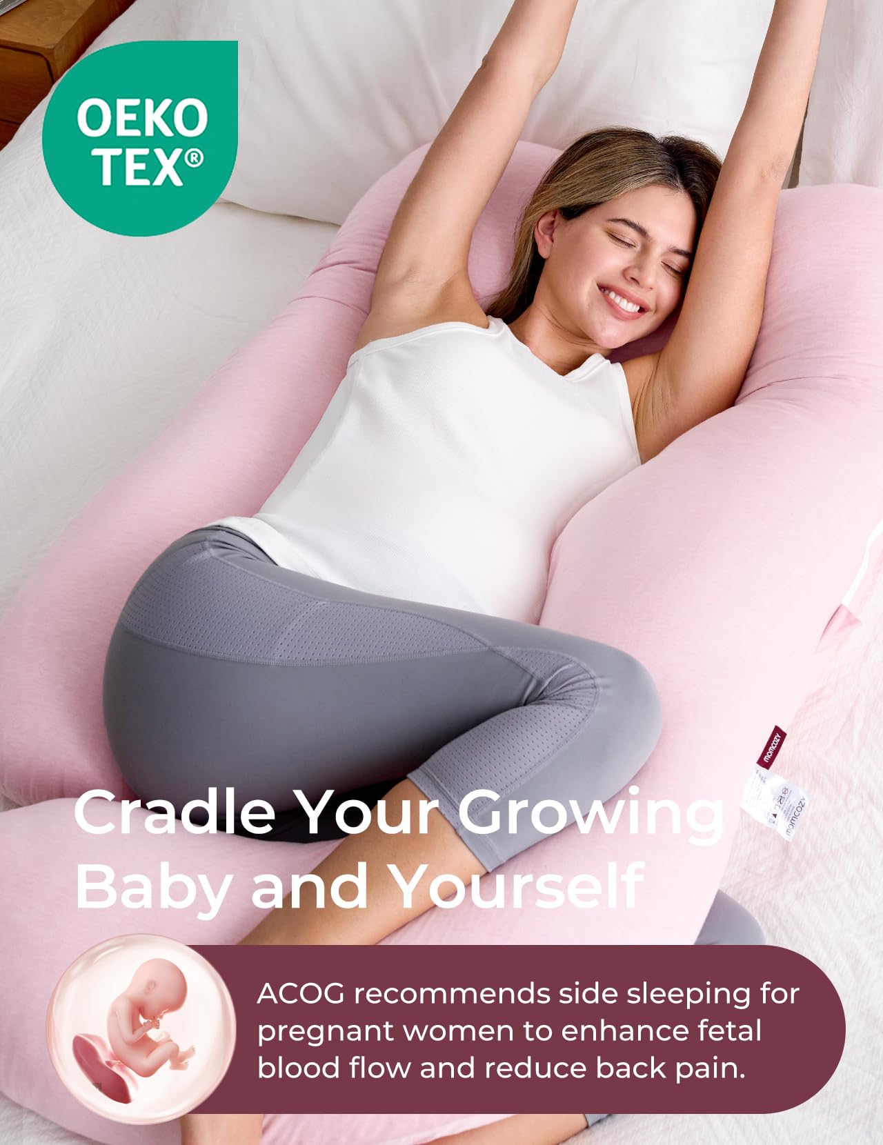 Momcozy pregnancy pillow U-shape side view aids spine alignment for side sleepers