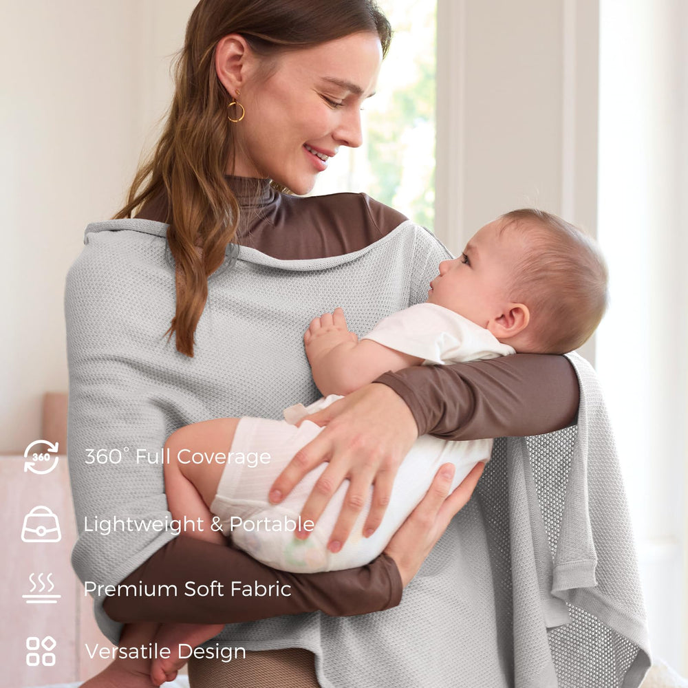 Momcozy Privacy Poncho Soft Knit highlights breathable comfort for baby and caregiver.