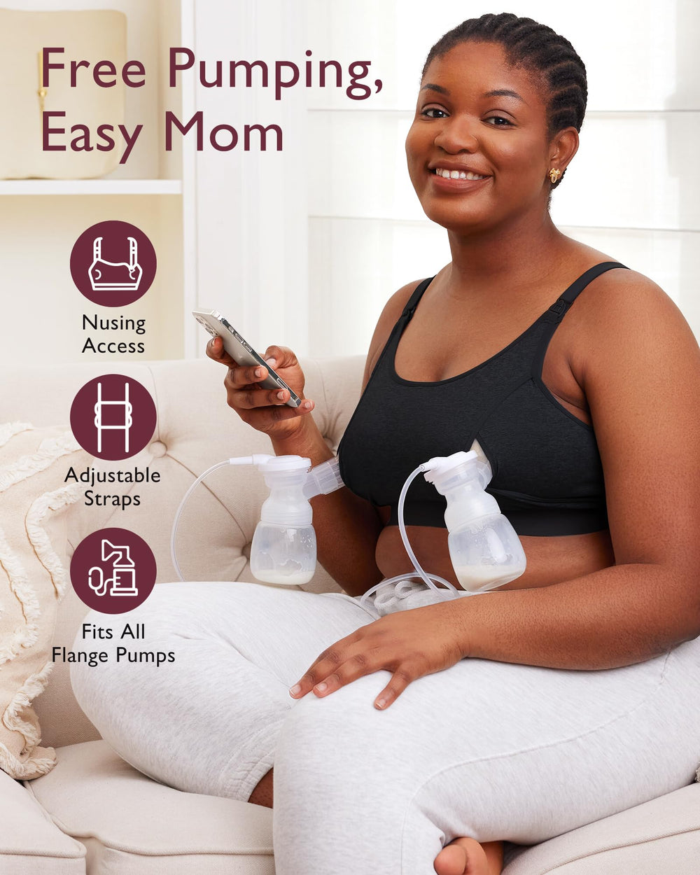 Momcozy pumping bra side view shows adjustable straps for tailored comfort.
