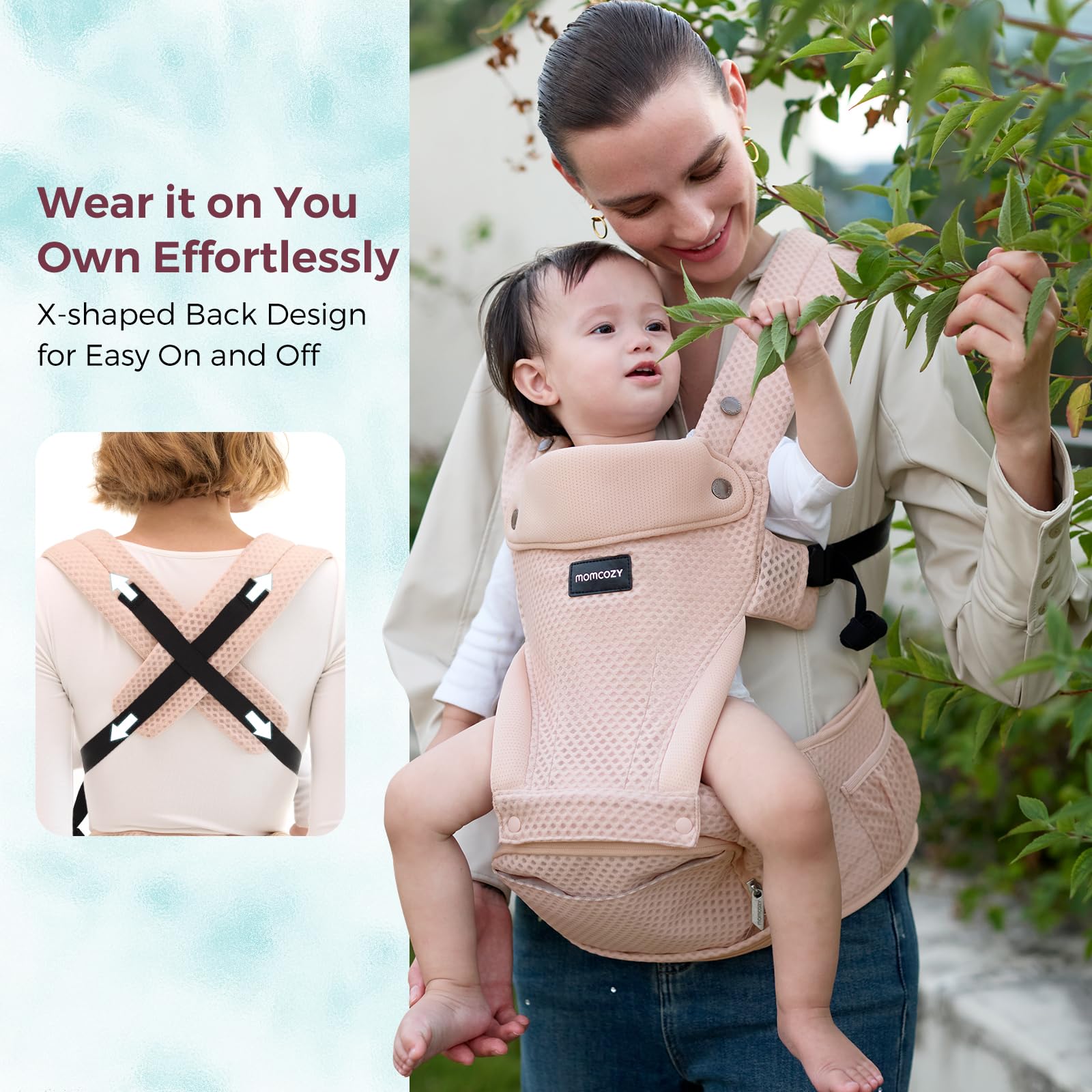 Momcozy quick-adjust Velcro belt highlights fast, secure fitting.