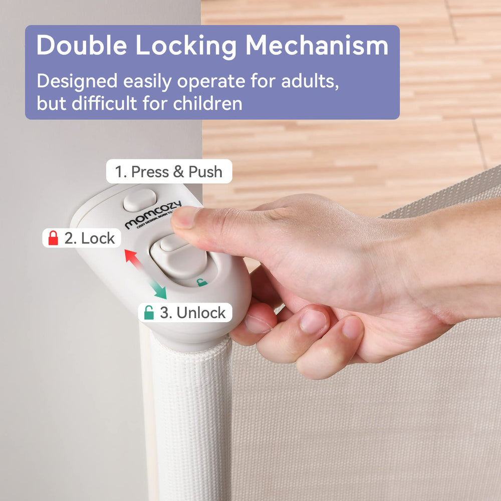 Momcozy retractable baby gate stands 33 inches tall for stairs and doorways