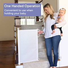 Momcozy retractable gate in doorway showing doorway and stair use