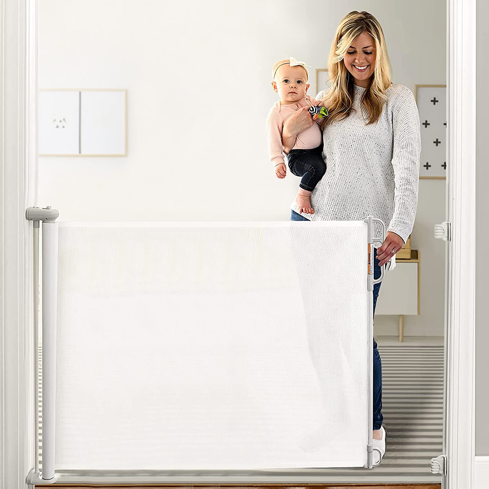 Momcozy retractable baby gate extended to 71 inches for wide openings