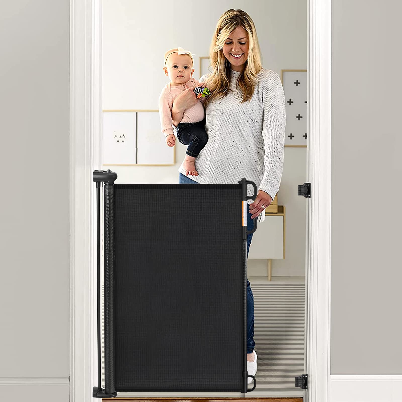 Momcozy retractable gate shows 33-inch height for safe play areas.