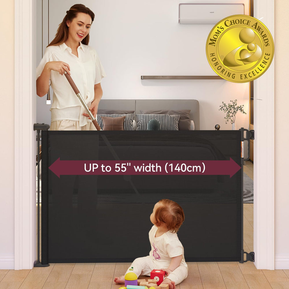 Momcozy retractable gate extended to 55 inches for wide doorway control.