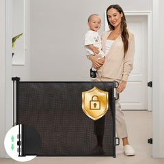 Momcozy retractable gate extended to 55 inches for wide doorway openings.