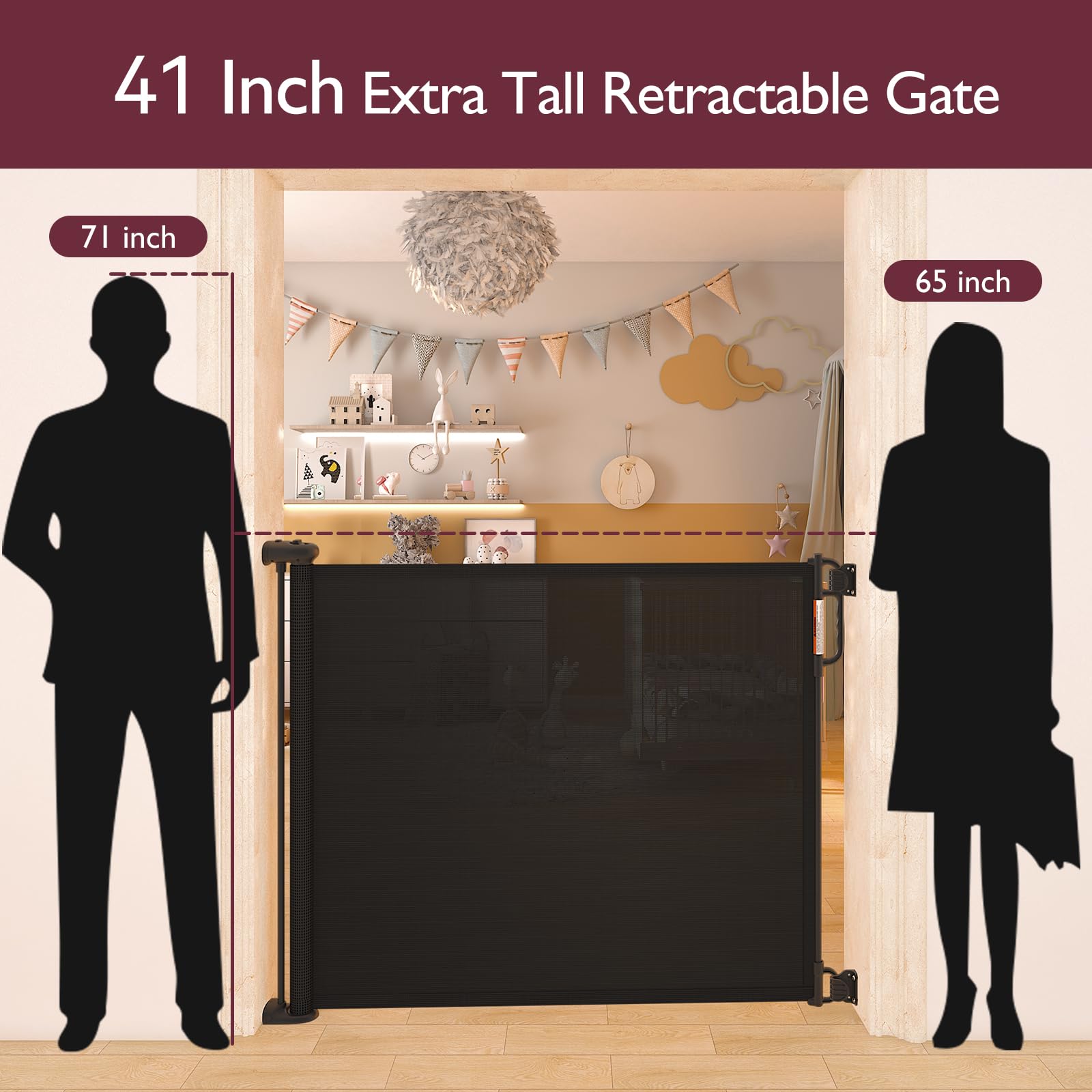 Momcozy retractable gate extended to 71 inches for wide doorways.