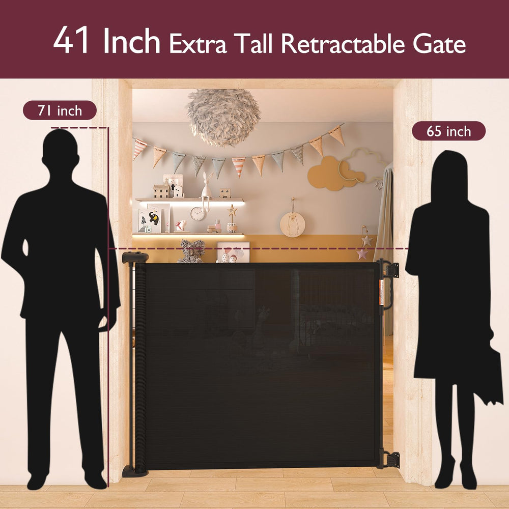 Momcozy retractable gate extended to 71 inches for wide doorways.