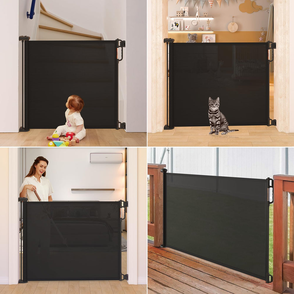 Momcozy retractable gate installed indoors and outdoors for versatile use.