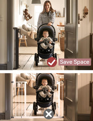 Momcozy gate demonstrates one-handed locking for busy parents.