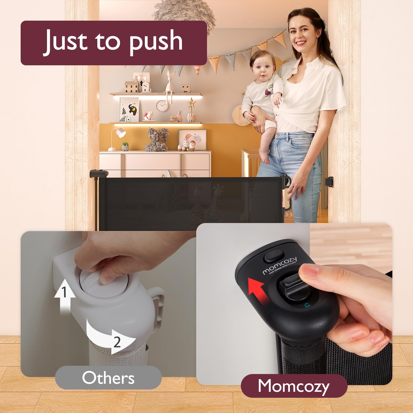 Momcozy retractable gate blocks stairs for safer in-home flow.