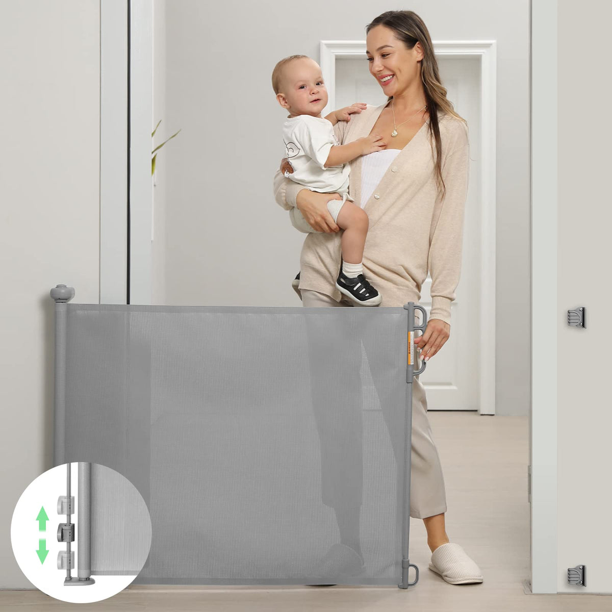 Momcozy retractable gate wide opening demonstrates easy passage for kids and pets.